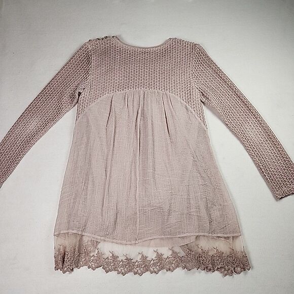 Feratelli Long Sleeve Floral Applique Tunic Lace Top Pink Blouse Shirt Small - Picture 11 of 13